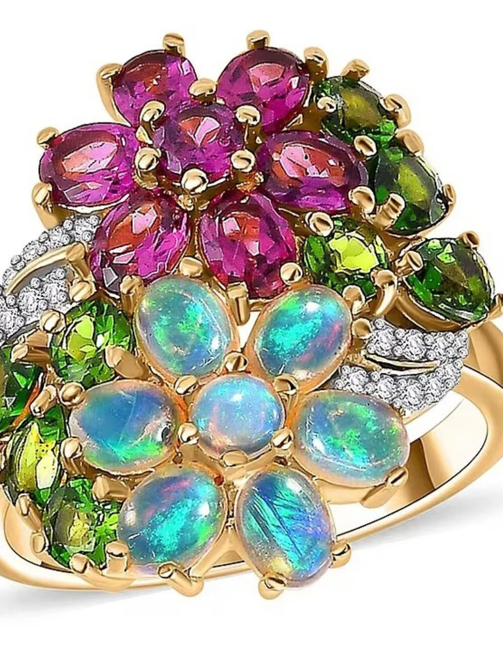Beautiful Welo Opal, Rhodolite Garnet, Chrome Diopside Floral Ring
